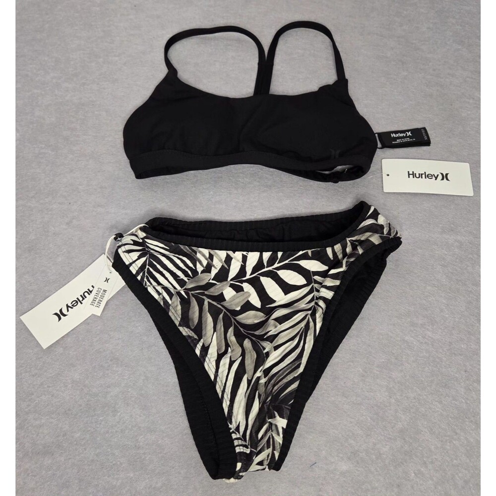 HURLEY Women's Black Tropical Leaves Print Bikini Sz XS Two Piece Bikini Set NWT